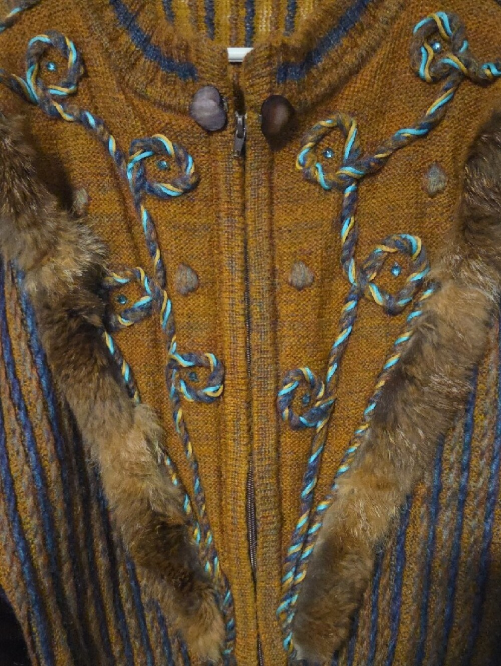 Embellished Brown Knit Zip Up Sweater with Fur Trim. - Picture 4 of 15